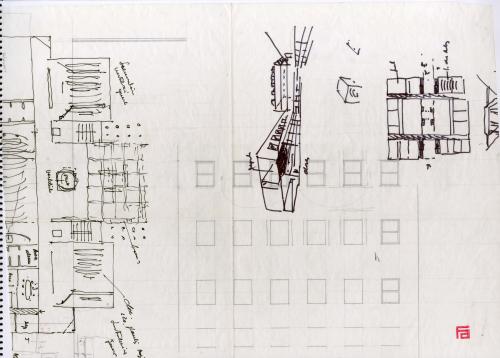    Croquis de un edifico. Planta y alzado