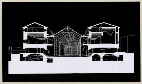 Reconstrucción y consolidación del Palacio Ducal de Pastrana en Guadalajara. Sección proyectada del claustro y zona subterránea del palacio