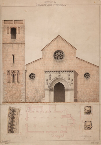 Planta, fachada y detalles de la iglesia de Santa Marina de Sevilla