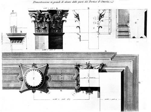 Alzado, sección y planta de un capitel del pórtico de Octavia [y de Livia] en Roma (4)