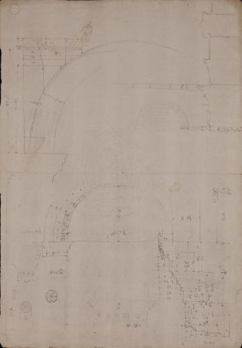 Alzado y sección del arco y sección de columna del pórtico de Octavia [y de Livia] en Roma