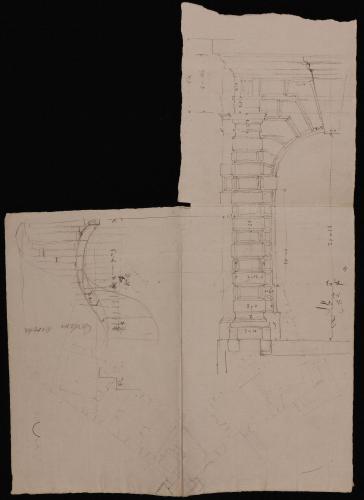 Alzado de los arcos del cuerpo principal de la escalera externa y planta y alzado parcial de la esclarea helicoidal del palacio Farnesio en Caprarola