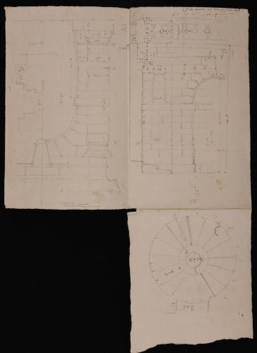 Alzado de los arcos del cuerpo principal de la escalera externa y planta y alzado parcial de la esclarea helicoidal del palacio Farnesio en Caprarola