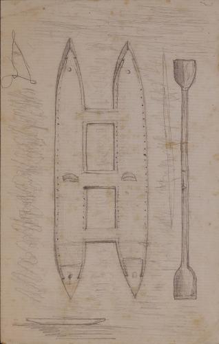 Planta y sección de una embarcación de doble casco (catamarán) y remo 