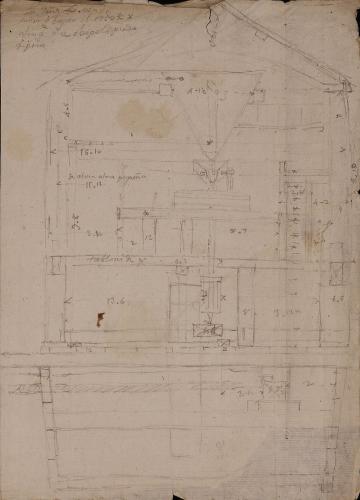 Planta y alzado de un molino en barca sobre la corriente del Tíber