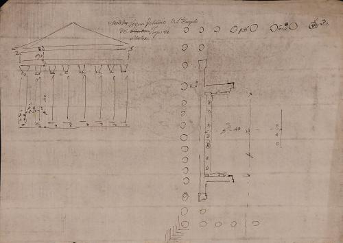 Propuesta de reconstrucción y sección del cornisamento del templo de Júpiter Estator [Cástor y Pólux]