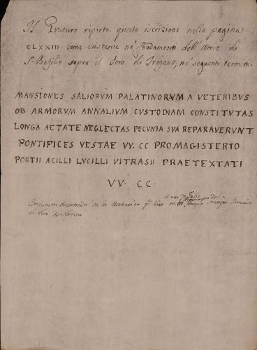 Transcripción de la inscripción romana [Mansiones saliorum palatinorum]  del foro de Agusto