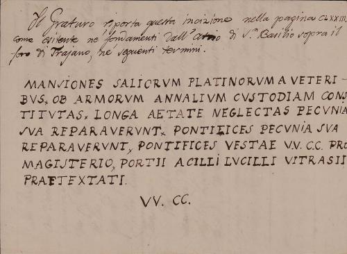 Transcripción de inscripción romana y traducción [Mansiones saliorum palatinorum]
