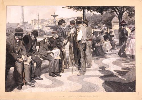 Grupos de diversa condición social en la plaza del Rossio (Lisboa)