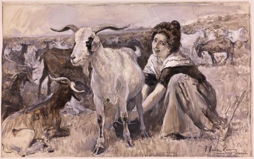 Mujer ordeñando una cabra