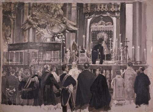 Alfonso XIII besando el  manto de la Virgen del Pilar