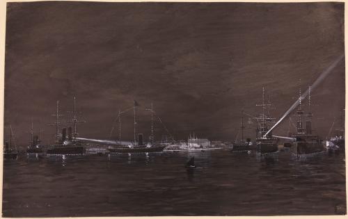 Puerto de Cartagena con la escuadra iluminada.