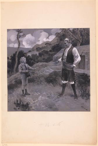 Niño y hombre aragonés bromeando en el campo