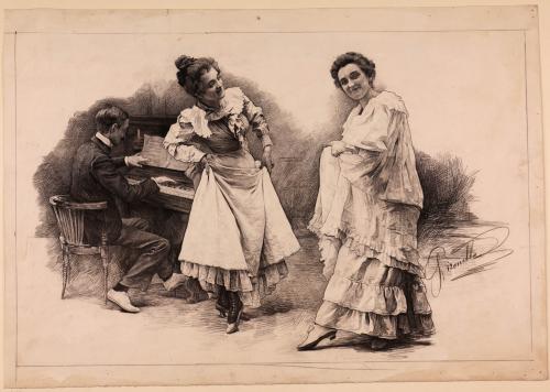 Pianista y mujeres bailando