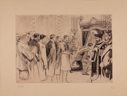 Alfonso XIII ante el cadáver de Sagasta en el Congreso