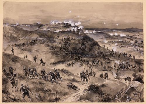 Guerra ruso-japonesa. Asalto de la infantería a las fortificaciones de una colina