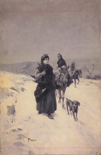 Aldeanos de camino por la nieve