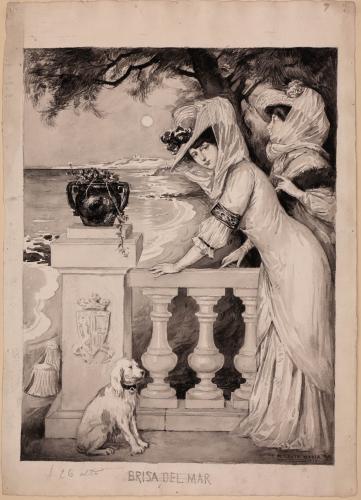 Dos damas con un perro junto a una baranda sobre el mar