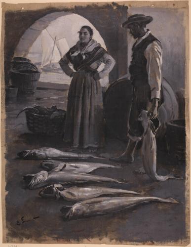 Pareja de pescadores en la lonja de Vigo