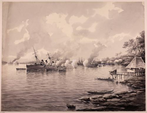 El acorazado Emden y otros barcos en el puerto de Pulo Penang (Malasia)