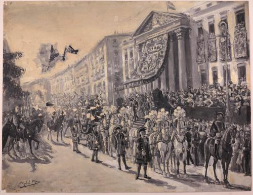 Alfonso XIII saliendo del Congreso de los Diputados