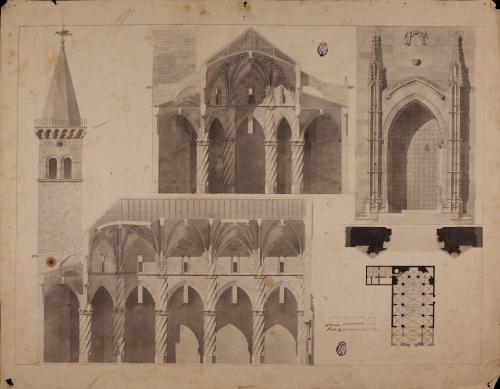 Planta, sección y planta y alzado de la portada de la iglesia de Santiago en Villena (Alicante)
