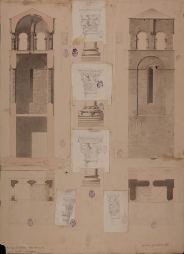 Planta, sección, alzado y detalle de algunos capiteles de la torre vieja adherida a la Cámara Santa de la catedral de Oviedo