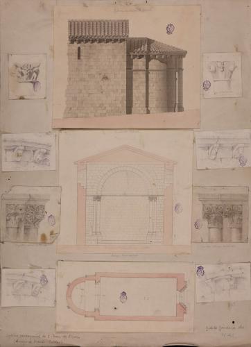 Planta, sección, alzado del ábside, capiteles y acróteras de la iglesia de San Juan de Priorio (Asturias)
