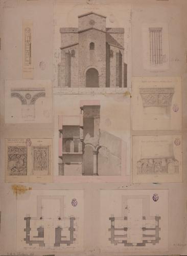 Alzado oeste, sección, planta, capitel, basa y otros detalles decorativos de la iglesia de San Miguel de Lillo (Asturias) 