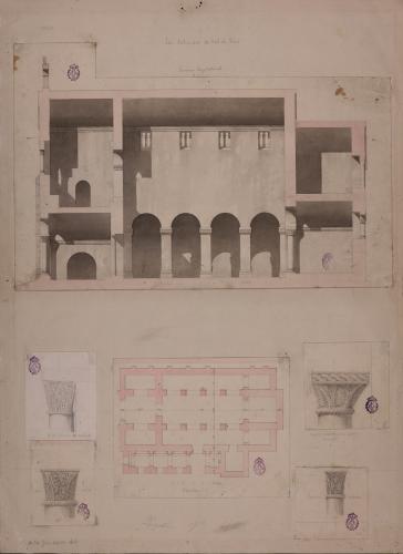 Planta, sección longitudinal y capiteles de la iglesia de San Salvador de Valdediós (Villaviciosa, Asturias)