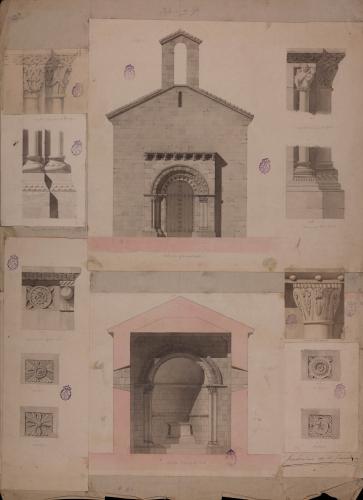 Alzado y sección de la fachada principal, capiteles, basas y metopas de la iglesia de Santa Eulalia en Ujo (Asturias)