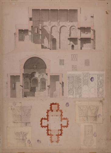 Planta, sección longitudinal y transversal, capiteles y celosías del iconostasio y relieves del altar de Santa Cristina de Lena (Asturias)
