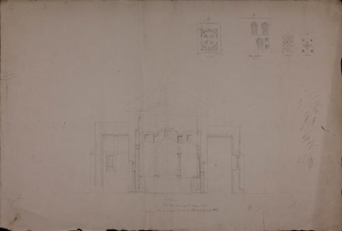 Sección AB de la nave y detalles de las celosías del iconostasio de Santa Cristina de Lena (Asturias)