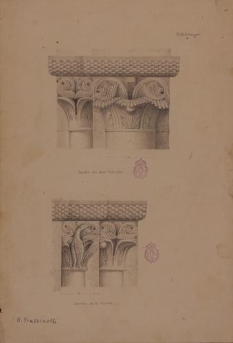 Capiteles del arco y puerta de la iglesia de Santa María de Villamayor (Infiesto, Asturias)