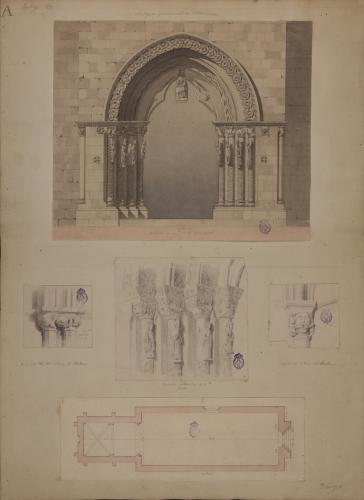 Planta, alzado de la portada, capiteles y jambas de la iglesia de Villaviciosa (Asturias)