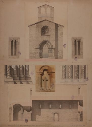 Alzado de la fachada, sección longitudinal, basas de la fachada y ventanas laterales y del ábside de la iglesia de Villaviciosa (Asturias)