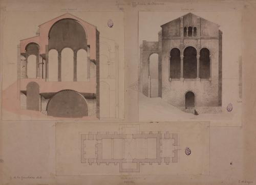 Alzado de la fachada principal, sección transversal y planta de la cripta de Santa María del Naranco (Oviedo, Asturias)