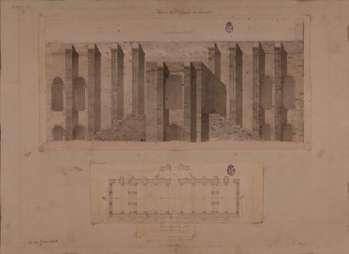 Planta de la nave superior y alzado de la fachada norte de Santa María del Naranco (Oviedo, Asturias)