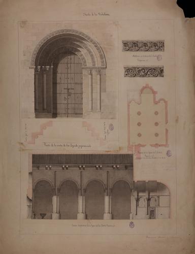 Planta y sección longitudinal de la iglesia de San Andrés y alzado de la puerta de la iglesia de San Segundo (Ávila)