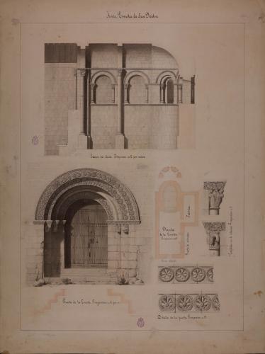 Planta, portada, sección del ábside y capiteles y detalle de la decoración de la puerta de la ermita de San Isidro (Ávila)