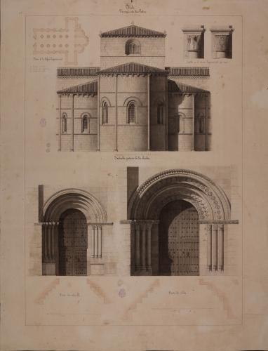 Planta, alzado de los ábsides y alzado, planta y sección de la puerta sur y norte y capiteles del interior de la iglesia de San Pedro (Ávila)