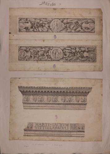 Frisos, inscripción, bajorelieves del templo de Marte en Mérida