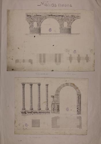 Alzado y planta del puente romano sobre el Guadiana, del templo llamado de Diana y del arco romano llamado de Trajano en Mérida 