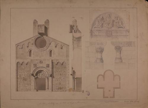 Planta, alzado y sección de la fachada principal y detalles del tímpano y columnas de la  iglesia de San Pedro y San Pablo del Campo (Barcelona)