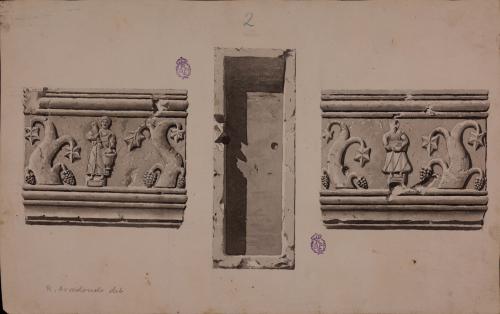 Lados menores y vista cenital del sarcófago paleocristiano de Quintanabureba (Briviesca, Burgos)
