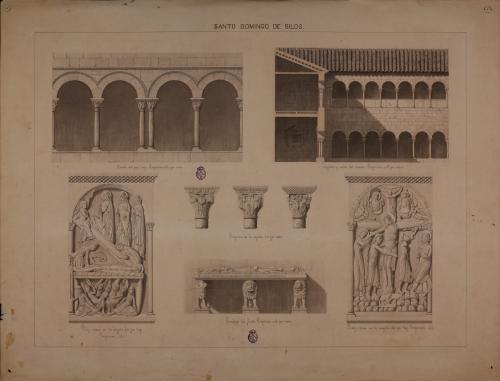 Sección, alzado, capiteles y relieves y tumba del santo en el claustro de Santo Domingo de Silos