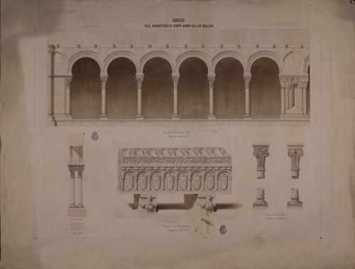 Alzado del claustro, detalle de los capiteles y basas y sepulcro de Alfonso X el Sabio en el Real monasterio de las Huelgas (Burgos)