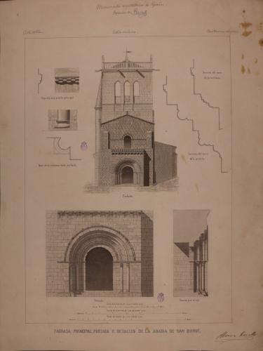 Alzado de la fachada principal y portada, secciones y detalles de la abadía de San Quirce (Burgos)