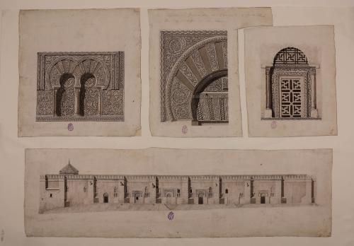 Alzado de la fachada oriental de la catedral-mezquita de Córdoba y detalles de arcos y ventana