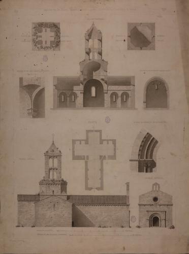 Planta, sección, alzado y detalles de la iglesia del monasterio de San Pedro de Camprodon (Gerona)